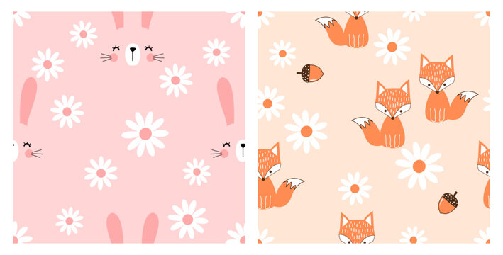 Seamless pattern with rabbit cartoons, daisy flower and fox on pink and orange backgrounds vector illustration.