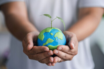 man holding a globe with a green sapling love the world concept love the world concept sprouts grow above the earth new life, environment, sustainable life, zero waste, plastic free, earth day,