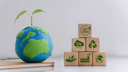 Carbon neutral and net zero concept Natural environment, weather, with plasticine spinning globes....