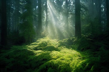Spruce Tree Forest, Sunbeams through Fog illuminating Moss and Fern Covered Forest Floor, Creating a Mystic Atmosphere. High quality illustration