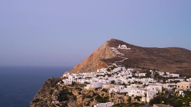 Day To Night Timelapse Of Folegandros Island With Panaghia Church. Greece.