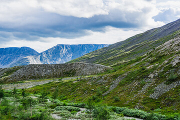 Fototapeta na wymiar Mountains Apatite. Ski resort- Arctic region of Russia is a popular hiking trail