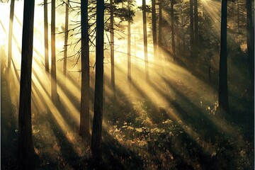 Obraz premium Cabin in the woods with sunbeams. High quality illustration