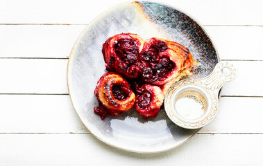 Curd pie with cherries, white background