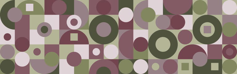 Seamless mosaic with geometric shapes in the style of a Scandinavian pattern, purple and green background with circles and squares for textile or wallpaper. Minimal cover template with trend patterns 