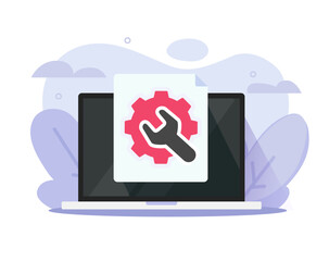 Setting up computer vector, laptop repair fix and maintenance service, pc installing upgrading os software, update upgrade and system setup customizing, reset reboot settings image