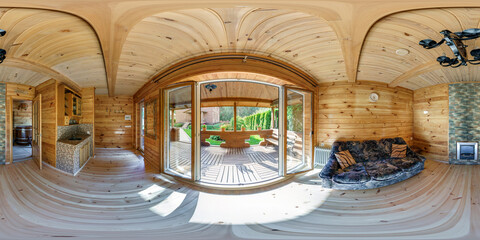 full seamless spherical hdri 360 panorama view in interior empty hall veranda in wooden village...