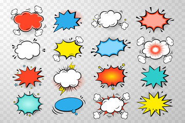 Set of colors empty comic speech bubbles stickers with cloud, stars, halftone on transparent   background. Pop art vector cartoon illustration in retro style. Design for comic book, poster, banner - obrazy, fototapety, plakaty