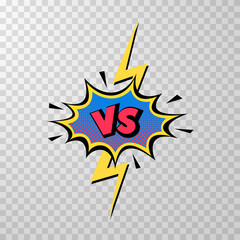 Versus yellow lighting ray pop art comic element isolated on transparent background. Vs battle sports team, challenge, fighting duel. Vector cartoon illustration