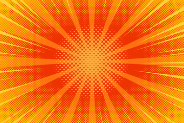 Pop art comic red yellow background with halftone, rays, gradient. Vector cartoon illustration in retro style. Design for comic book, poster, banner