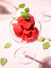 Cherry ice vegan Sorbet in a tall  champagne glass with a silver spoon and fresh mint herb as a decoration on a pink background with hard shadows
