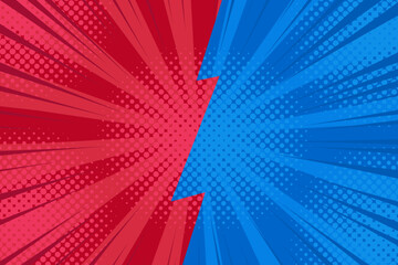 Obraz premium Fight versus pop art comic red blue background with halftone and rays. Vector cartoon illustration in retro style. Design for comic book, poster, banner, competition
