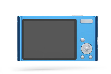 Stylish blue compact pocket digital camera isolated on white background