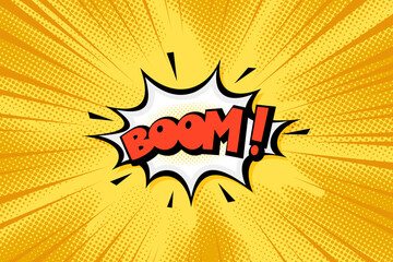 Boom comic speech bubble with cloud, rays and halftone effect yellow background. Pop art vector cartoon illustration in retro style. Design for comic book, poster, banner