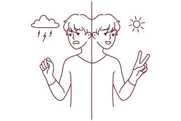 Young man in different mood suffer from mental or psychological problem. Mad and happy male mood swings. Bipolar disorder. Vector illustration. 