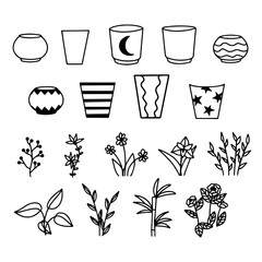 Set plants growing in pots. Flowerpot isolated objects, houseplant flower pot collection.