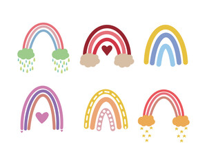 Fototapeta premium Cute vector pastel rainbow set with drops and heart isolated on white background printable poster for kids