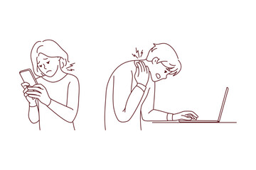 People working on gadgets suffer from neck problems. Users addicted with devices struggle with backache or spinal spasm. Sedentary position problem. Vector illustration. 
