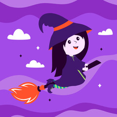 halloween vector illustration with cute witch on broom
