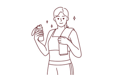 Portrait of smiling toned young woman in sportswear follow healthy lifestyle do sports. Happy sportive fit girl show good figure after workout. Vector illustration. 