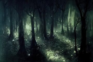 Obraz premium dark forest at night, scary woods. High quality illustration