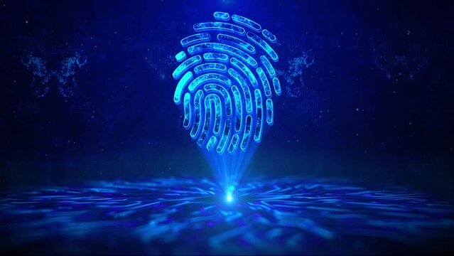 Fingerprint Text with HUD Rotation Digital Technology interface Sci Fi Hologram Cyberspace. future of security and password control through fingerprints in an immersive future and cybernetic, business