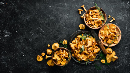 Chanterelle mushrooms are ready to cook in a bowl. Top view. Free space for text.
