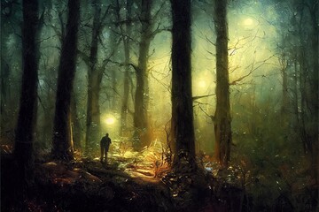 man in dark woods at night, mysterious forest landscape. High quality illustration