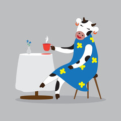 Cow in dress with cup of coffee	