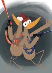 Illustration d’un duo de poule dos à dos sur le thème du laser game, sur un fond rond noir flou. Les deux ont des pistolets, des gilets luminescent orange ou bleu, avec une équipe gagnante et perdante - obrazy, fototapety, plakaty