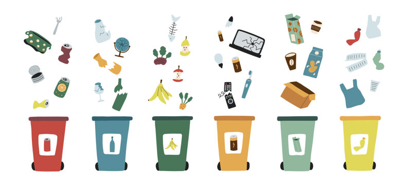 Garbage sorting concept witр trash bins and different type of waste