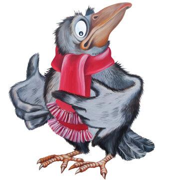 Cool cartoon crow in a scarf posing and reciting something. Illustration for a children's book, postcard, kindergarten and children's creativity.