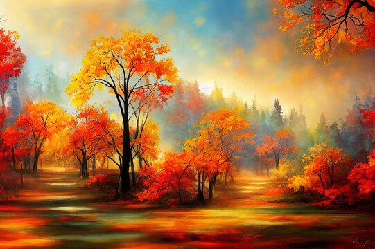 Abstract autumn landscape. Beautiful artistic image for creative design projects posters, banners, cards, websites, invitations, magazines, wallpapers, books. Acrylic on canvas.. High quality