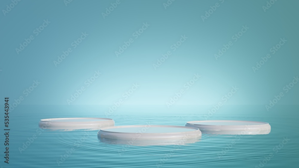 Poster 3D rendering Podium display stand on the water Abstract minimal scene with geometric forms. blue green and white color cylinder  scene.display stand for cosmetic products