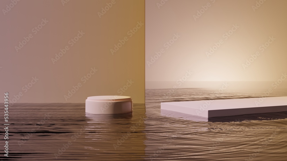 Aufkleber 3D rendering Podium display stand on the water Abstract minimal scene with geometric forms.Pink and Yellow color cylinder  scene.display stand for cosmetic products