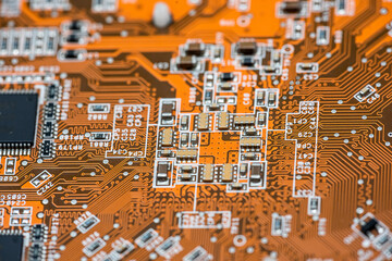 close up red circuit board background, computer technology