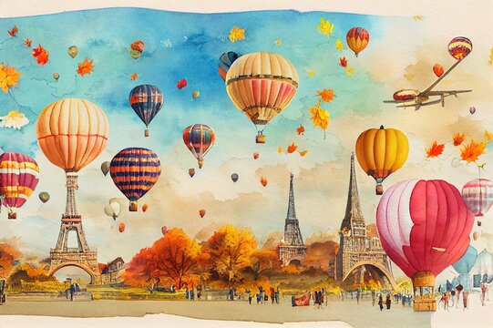 Travel autumn season festival Famous landmarks in the world of Europe, Asia and America. Watercolor landscape painting illustration with airplane, hot air balloon, tourist or advertising background