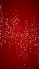 Naklejka na ściany i meble Beautiful snowfall christmas background. Subtle flying snow flakes and stars on christmas red background. Beautiful snowfall overlay template. Vertical vector illustration.