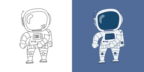 Flat style vector illustration of cute cartoon standing astronaut. Science technology icon concept with border lines isolated on the background