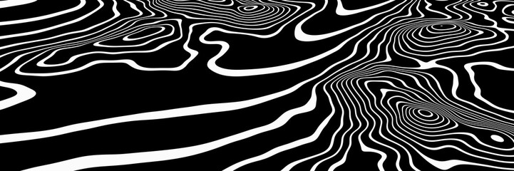 3D Black and white contour lines. Topographic terrain.
