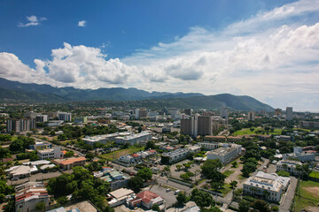Aerial view of Kingston city, Jamaica. City landscape, roads, buildings, mountains