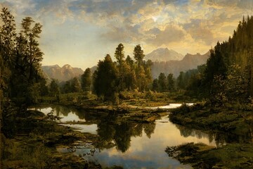 Fototapeta premium Mountains are reflected in a forest river. Forest river water. Mountain valley forest river landscape. River in forest. High quality illustration