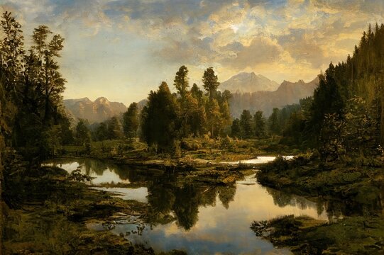 Mountains are reflected in a forest river. Forest river water. Mountain valley forest river landscape. River in forest. High quality illustration
