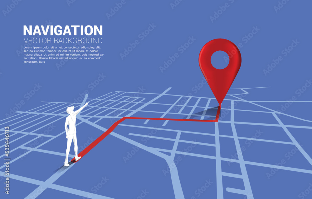 Poster route between 3d location pin markers and businessman on city road map. concept for gps navigation s