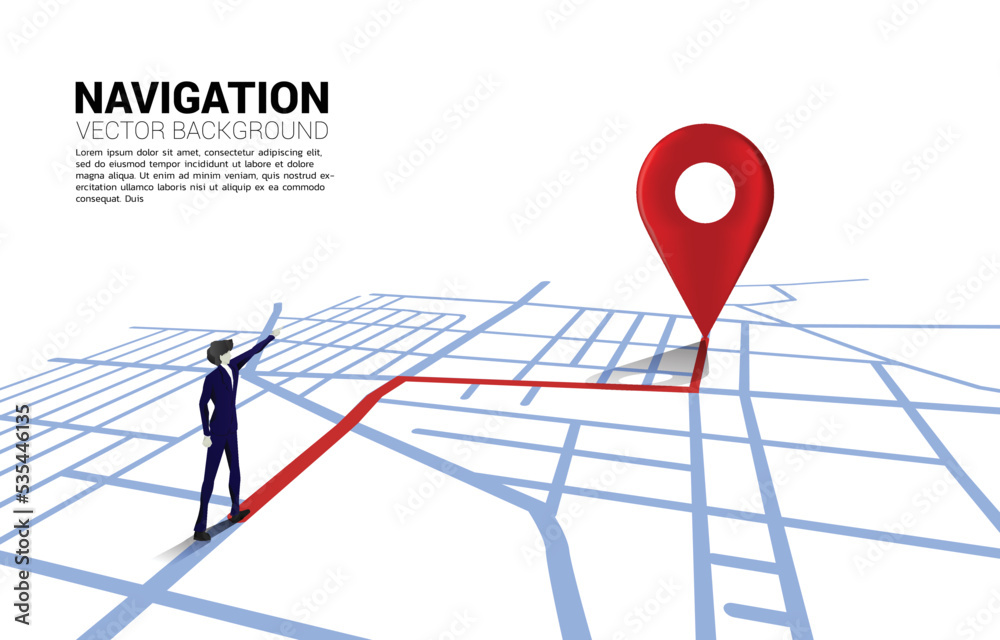 Poster route between 3d location pin markers and businessman on city road map. concept for gps navigation s