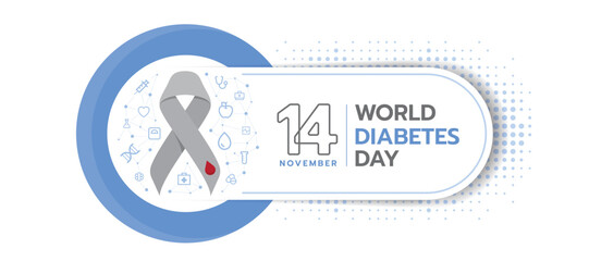 world diabetes day text on white curve conner frame with dot texture background and gray ribbon with drop blood sign in blue circle vector design