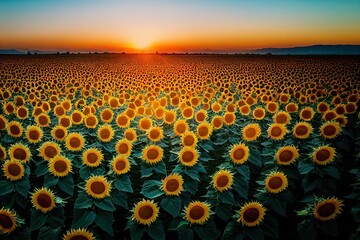 Obraz premium Drone video of sunflower field in a beautiful evening sunset. 4K aerial view of sunflowers in summer evening day. Slow camera movement across a agriculture sunflower crop field.. High quality