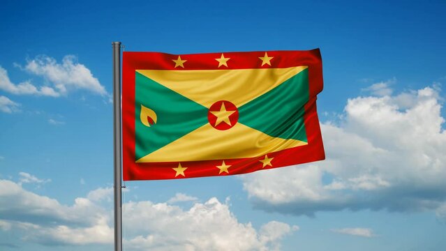 Grenada flag  waving in the wind cycle looped video, with blue sky 