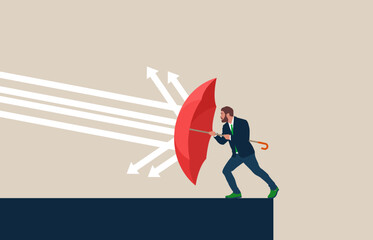 Businessman with umbrella red protect arrows rain falling on cliff. Recession in economy crisis or market crash. Flat vector illustration.