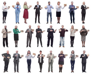 group of happy people with gifts in their hands isolated